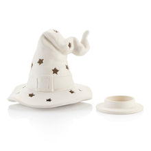 Load image into Gallery viewer, Our Witch Hat Lantern comes on an easy to use base, simply add a tea light to the base and place the hat on top. The hat contains lots of little stars to let the light shine through just enough to give a spooky glow for Halloween! Don't forget to add our battery operated Tea Lights #6432 to your order so that you have everything you need to make this lantern glow!
