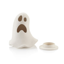 Load image into Gallery viewer, The Ghost Lantern is the spookiest and coolest addition to anyone's Halloween! The ghost sits on a base which holds a tea light perfectly. Simply lift off the ghost to reveal the base. The light illuminates through the eyes and mouth of the ghost for a haunting feel! Don't forget to order our Battery Operated Tea Lights #6432 to have on hand for customers when they purchase a lantern.