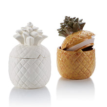Load image into Gallery viewer, The Pineapple Canister is perfect on a counter as a cookie jar, as a centerpiece at a party, or just as a statement piece in a home.The Pineapple is a tropical fruit which is also an emblem of welcome and hospitality. During the Chinese New Year, the pineapple represents wealth, luck, and excellent future. This Pineapple Canister comes with a gasket for a tight seal. What a great pottery piece to paint!