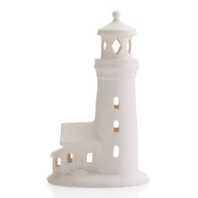 Load image into Gallery viewer, Serving as a perfect complement to any room's beach decor theme. This lighthouse can be painted to match a favorite lighthouse and is perfect for any nautical enthusiast. A small opening in the back of the lighthouse provides the perfect opportunity for a tea light to be placed in the middle of the piece to bring light to any space.