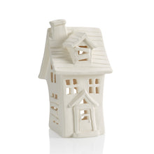 Load image into Gallery viewer, Our Haunted House Lantern is spooktacularly fun to decorate for Halloween! The lantern features a two-story haunted house design with window, door, chimney and slanted board accents. The haunted house lantern would look so festive on a window sill, mantel, or as a table centerpiece for a Halloween party. Use with our changing color tea lights #6435 for an eerie glow.