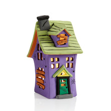 Load image into Gallery viewer, Our Haunted House Lantern is spooktacularly fun to decorate for Halloween! The lantern features a two-story haunted house design with window, door, chimney and slanted board accents. The haunted house lantern would look so festive on a window sill, mantel, or as a table centerpiece for a Halloween party. Use with our changing color tea lights #6435 for an eerie glow.