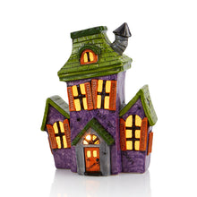 Load image into Gallery viewer, Our Haunted House Light-Up is ghoulishly delightful & fun to paint for Halloween! This light-up features a two-story haunted house design with multiple windows for optimal glow. This piece will look spooktacular on a window sill, mantel, or as a table centerpiece for a Halloween party. Light kit included.