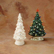 Load image into Gallery viewer, The 11 1/4" ceramic Shelf Christmas Tree is sized just right to fit on a shelf, mantle, windowsill, you name it! Its narrow, including the base, so it sits nicely, but from the front still looks like a regular shaped Christmas Tree. Paint it green, pink, teal, white, or any color you want! It comes with multi-color pin lights and a clip-in light kit (7 watt bulb).