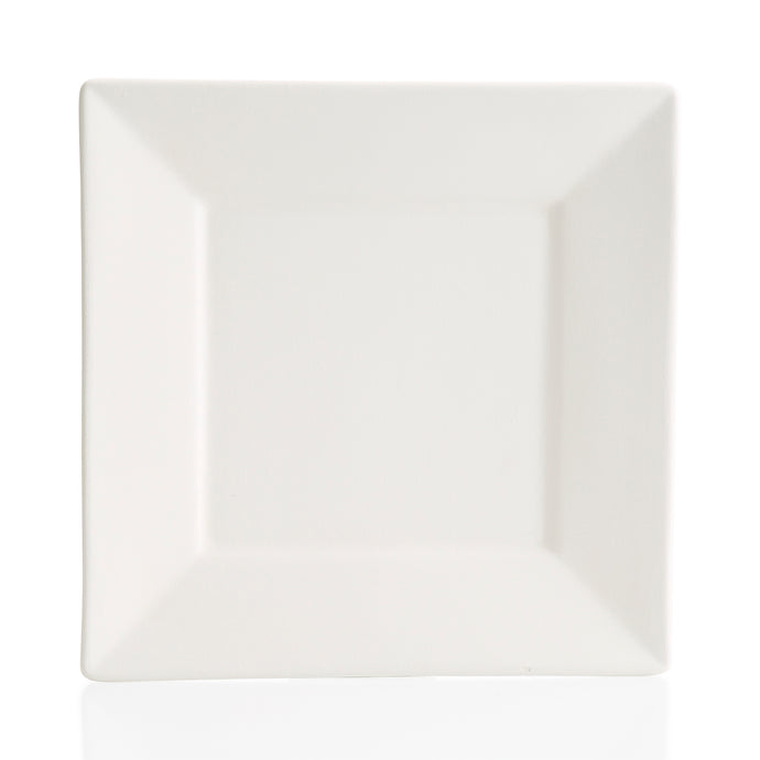This Angled Rim Dinner Plate is 10.5 inches square. Angled corners give this square  a modern look.  There are endless possibilities for painting this pottery piece!