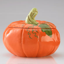 Load image into Gallery viewer, Our Pumpkin Tureen is a festive home decor accent.  Sized right to serve soups and stews for autumn or harvest entertaining, fall parties, Halloween events, and Thanksgiving dinner.
