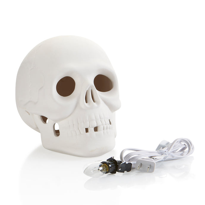 Our Skull Light-up comes with a hole in the back which fits our easy to use clip-in light kit (also included). The skull is easy to paint, we painted ours with a coat of brown (try Happy Trails, 2313) so it seeps into the cracks, and then wipe it off, leaving most of the color in the cracks and a very faint layer over the rest. The look is oh-so spooky! 