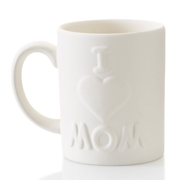 The ceramic I Love Mom Mug is a simple mug with a lasting message! What an easy way to let Mom know how much she's loved...and be reminded every morning during her cup of coffee or tea. This mug has raised letters and a heart for easy painting, perfect for kids to decorate.
