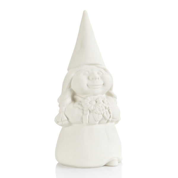 Hilda the Gnome is a great match for our ceramic Medium Gnome, who is just about the same size. She carries with her a beautiful bouquet of flowers making her an appealing garden accessory.