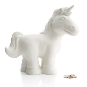 The Unicorn is an adorable character! Add a bit of flair to the unicorn by affixing a bisque flower, ribbon, etc. to his body. Add it with velcro to make swapping it a synch!  Painting this ceramic unicorn is a ton of fun!