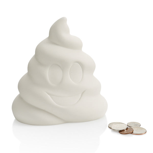 The Poop Emoji Bank is the newest release in our emoji bisque line. This simple-to-paint piece features large recessed eyes and smile. Fun to decorate and fun to save with!