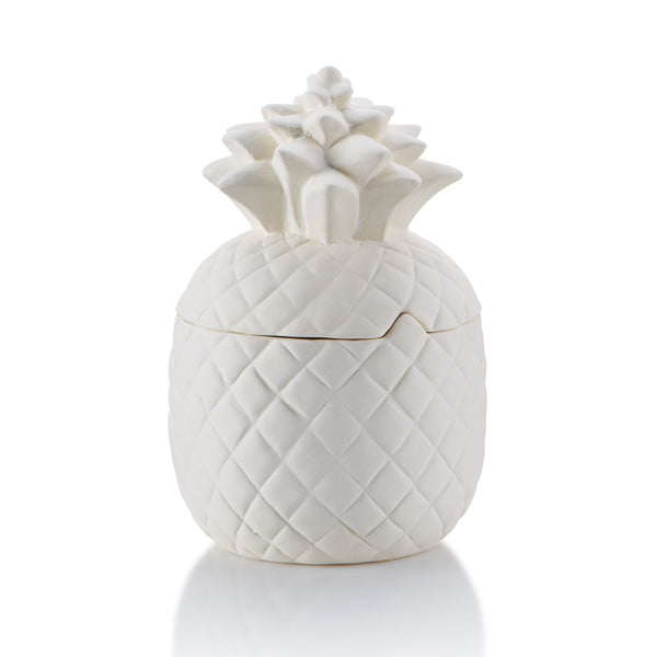 The Pineapple Canister is perfect on a counter as a cookie jar, as a centerpiece at a party, or just as a statement piece in a home.The Pineapple is a tropical fruit which is also an emblem of welcome and hospitality. During the Chinese New Year, the pineapple represents wealth, luck, and excellent future. This Pineapple Canister comes with a gasket for a tight seal.  What a great pottery piece to paint!