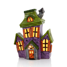 Load image into Gallery viewer, Our Haunted House Light-Up is ghoulishly delightful &amp; fun to paint for Halloween! This light-up features a two-story haunted house design with multiple windows for optimal glow.  This piece will look spooktacular on a window sill, mantel, or as a table centerpiece for a Halloween party.  Light kit included.
