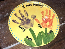 Load image into Gallery viewer, This Coupe Dinner plate fits more conveniently in cupboards. It has a lightweight, simple, sleek design with a smooth surface.  It&#39;s a ton of painting this pottery piece!  In this sample we painted a handprint Mother&#39;s Day  plate.
