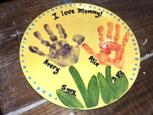 This Coupe Dinner plate fits more conveniently in cupboards. It has a lightweight, simple, sleek design with a smooth surface.  It's a ton of painting this pottery piece!  In this sample we painted a handprint Mother's Day  plate.