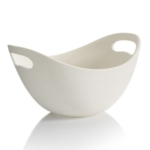 A modern look for a functional serving bowl. This 11" ceramic bowl is a great serving piece, or display item for housing fruit, salads, pastas, you name it! The handles are built right into the swooping design, making painting it a breeze! 