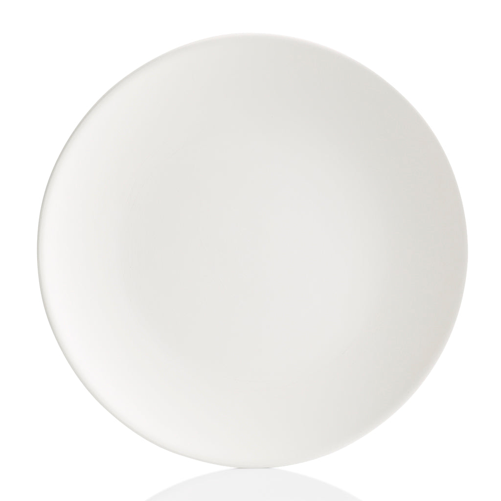 This Coupe Dinner plate fits more conveniently in cupboards. It has a lightweight, simple, sleek design with a smooth surface.  It's a ton of painting this pottery piece!