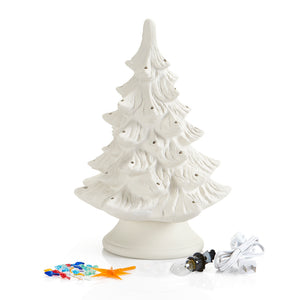 This ceramic Medium Christmas Tree stands 12" high, but on the base it measures 14" high.  Paint it any color including green, blue, pink and white!  It comes with multi-color pin lights and a clip-in light kit (7 watt bulb).  