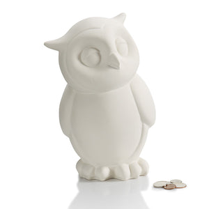 The 10" Owl Biggy Bank is 10" high and is a very cool pottery painting piece!  Owls hunt mostly small mammals, insects and other birds, although a few species specialize in hunting fish.  They are found in all regions of the Earth except polar ice caps and some remote islands.