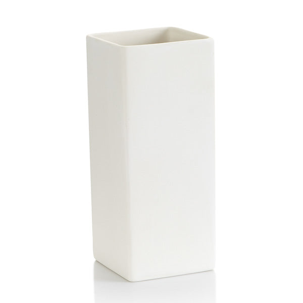 The Rectangluar Vase stands 10 inches high.  The simple vase has a modern, sculptural pottery design perfect for fresh blooms.  A very cool piece to paint!