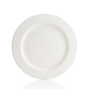 This plate fits conveniently in a cupboard. It has a lightweight, simple design with a 1 1/2" rim around the edge. The Rims are a broadline of pottery painting dinnerware, ranging from salad plates to large platters. Ideal for a simple monogram, handprints, or a classic design to compliment the traditional rim.