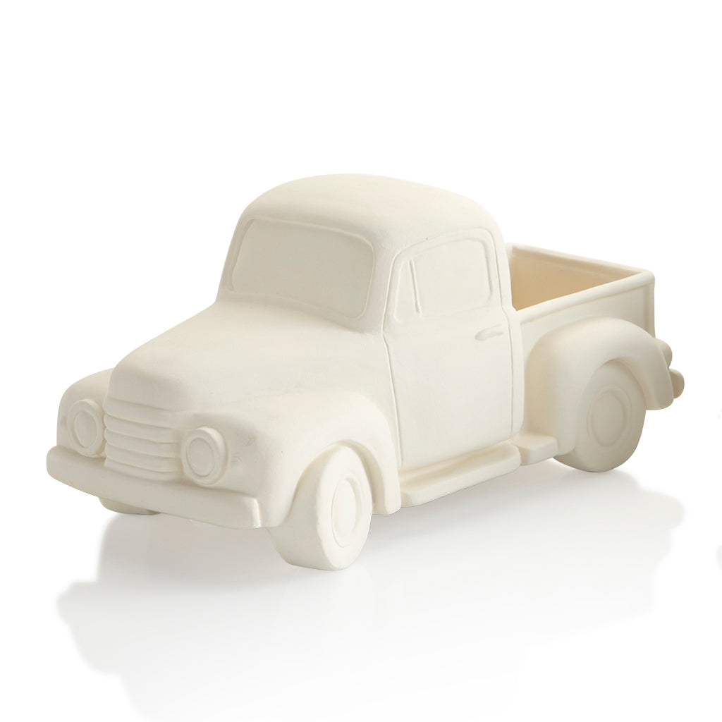 A classic, the ceramic vintage pickup truck has character and style. It can be painted to look antique, brand new, holiday themed… the possibilities are endless.   Fill this ceramic vintage truck bed with fun tiny toppers such as pumpkins or apples.